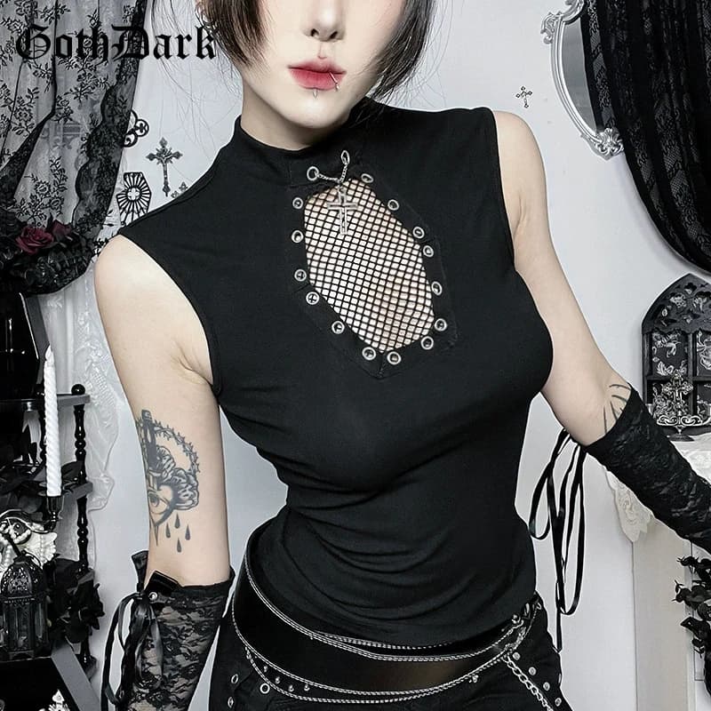 Top Senza Maniche Goth Dark Punk, Magliette con Inserti in Rete Stile Gothic, Gilet Y2K da Donna, Techwear Alt