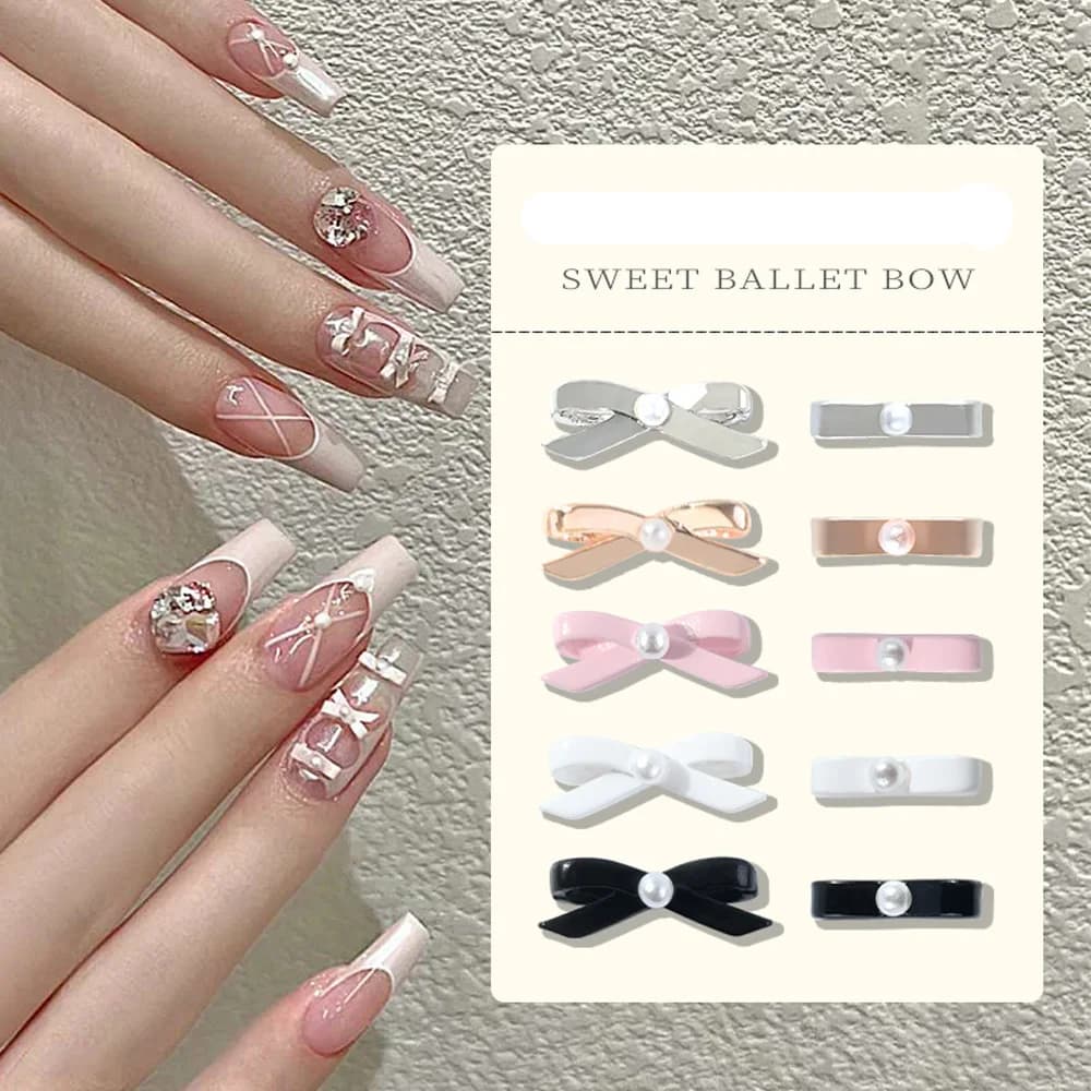 10 pz Rosa Balletto Nastro Fascino Del Chiodo 3D Perla Ballerina Ragazza Lega Archi Nastro Unghie Decorazione Parti FAI DA TE Francese Moda Unghie artistiche Parti