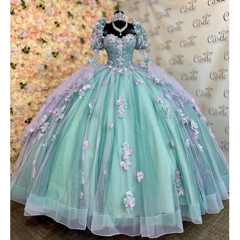 Abiti Quinceanera blu menta personalizzati 2024 Mezza manica Abito da ballo Appliques Perline Dolce 16 15 Abiti da festa YQD239