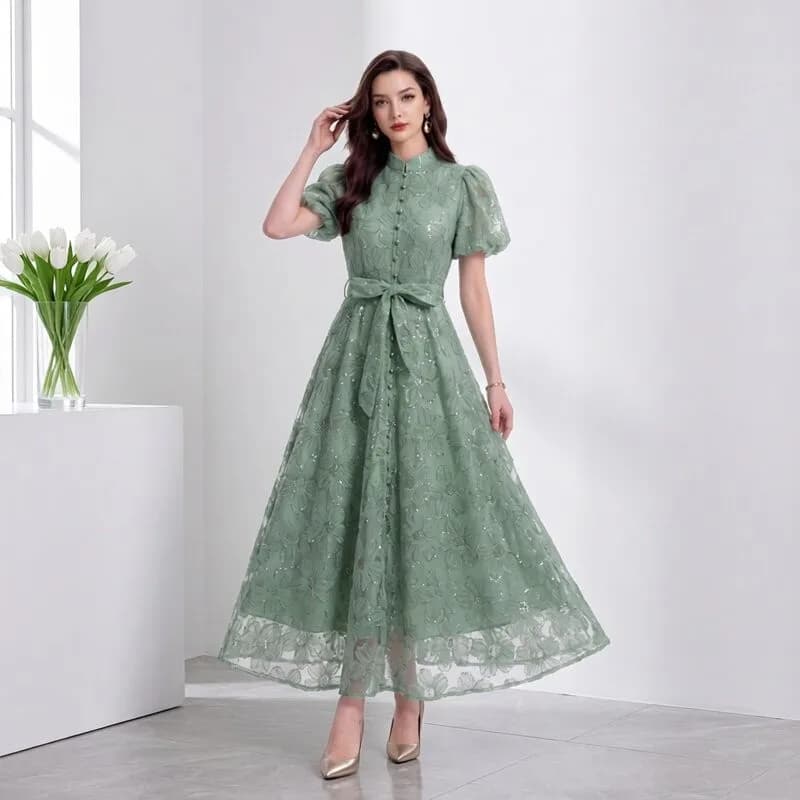 Elegant Green Lace Bubble Sleeve Dress plus Size Women's Fashion Show Gown High Waist A-Line Skirt Breathable Polyester Fabric