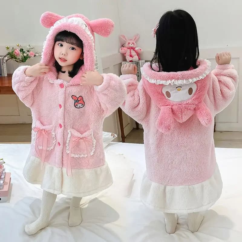 Sanrio Cartoon Hooded Fleece Bathrobe for Girls My Melody Kuromi Styles, Warm Thick Plush Winter Sleep Robe Cute Home Loungewear