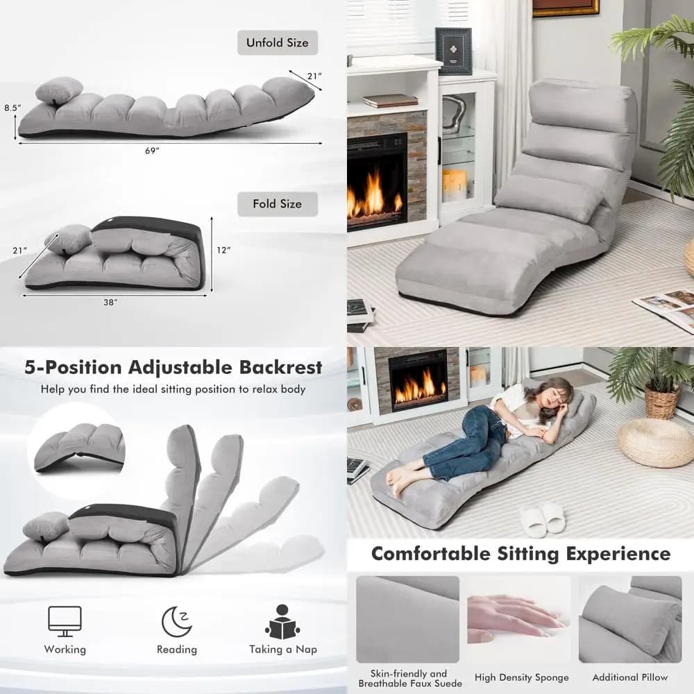Poltrona Lounge Imbottita Regolabile a 5 Posizioni per Relax, Gaming e Comfort (Grigio)