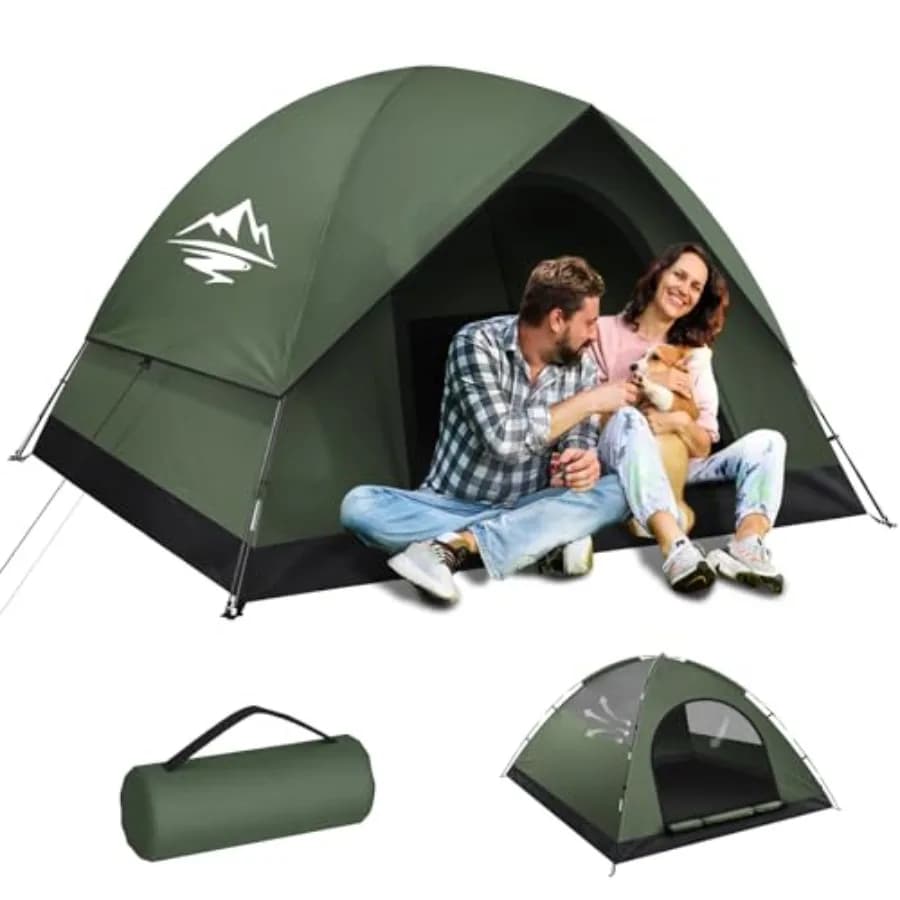 Camping tent for 2/3 persons, polyester fabric, gray-green, waterproof windproof rainfly with easy setup and portable double-la