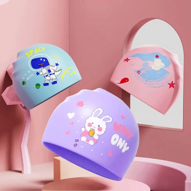 Children Swimming Cap Cartoon Silicone Bathing Suit Both Men And Women Long Hair Is Waterproof Earmuffs Portable Swimming Cap
