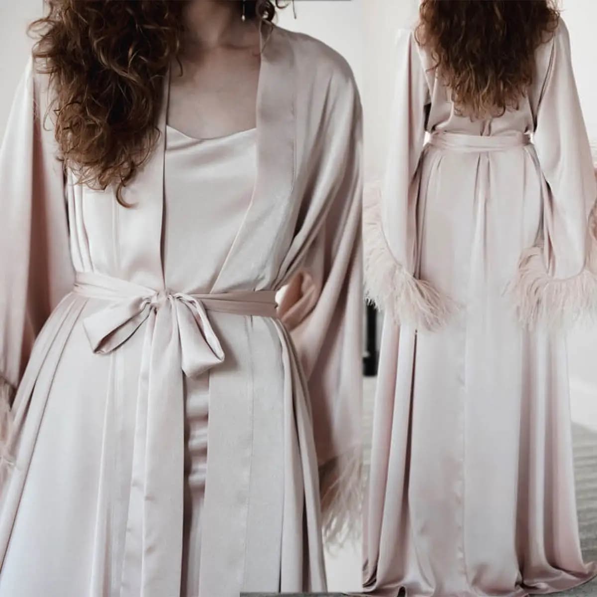Elegante Camicia da Notte per Donne, Pigiama da Sposa con Piume, Maniche Lunghe, Laccetti, Vestaglia Nuziale per Fotografia, Personalizzabile