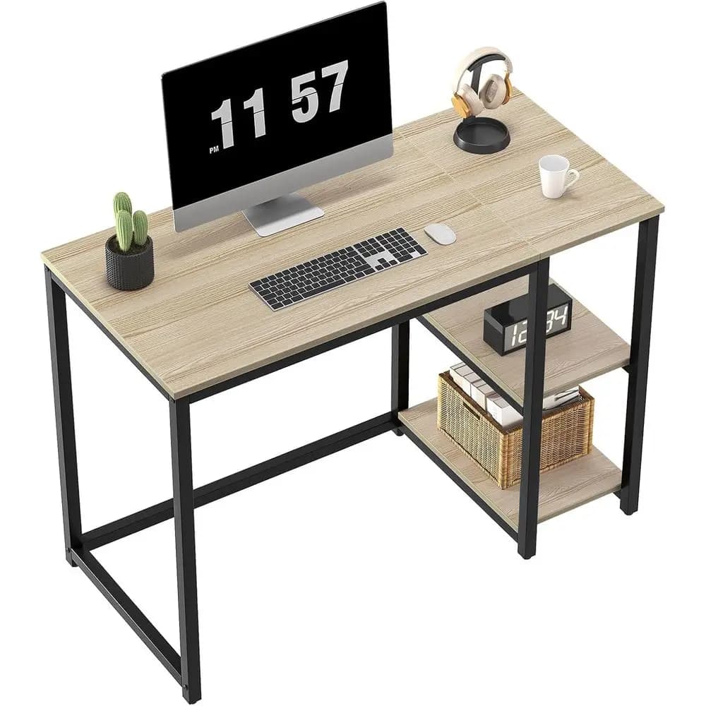 Scrivania per computer in rovere da 40'' con ripiani, scrivania robusta in legno chiaro con spazio di archiviazione, tavolo da gioco, studio, scrittura, per laptop, beige