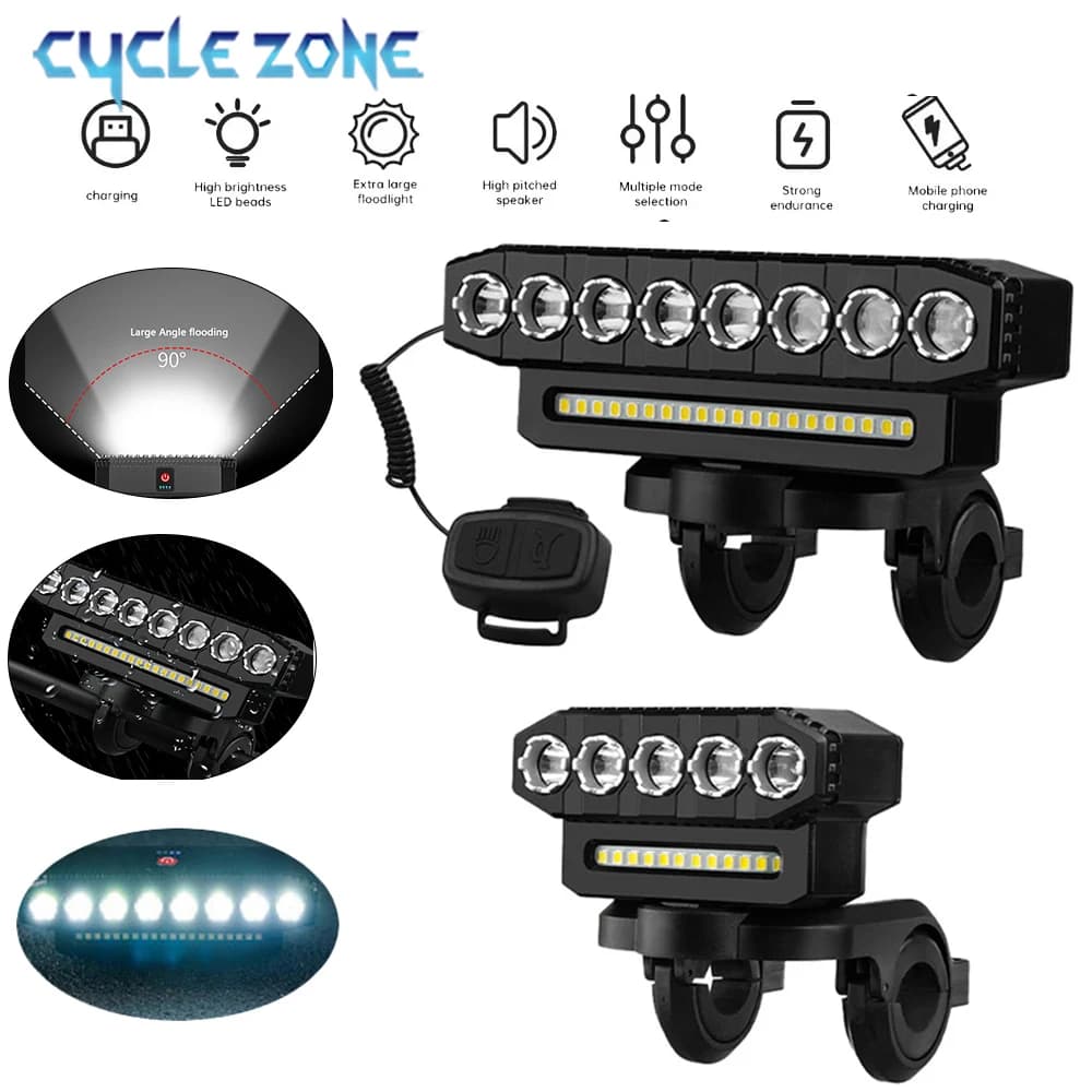 Luce anteriore per bicicletta con clacson Faro per bici a LED ricaricabile Facile da installare 6 modalità di luce Luci per campanello per bicicletta per la guida notturna
