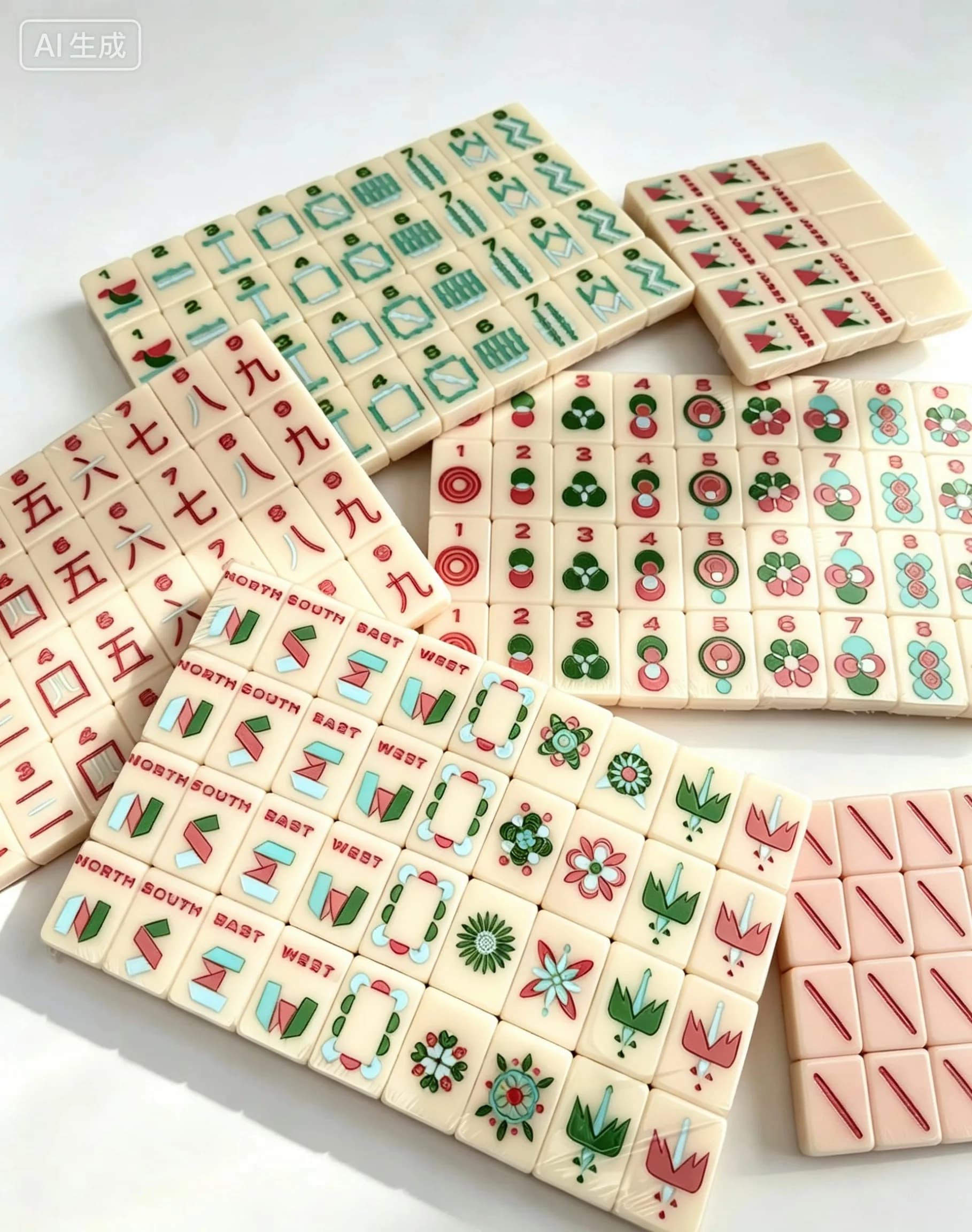 XTY Pink Double-Side Carved American Mahjong Tiles Ivory Floral Mini Travel Mahjong Set Indoor Family Party Leisure Board Game
