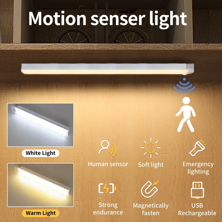 Luce notturna a LED ricaricabile con sensore di movimento per armadio armadio lampada da cucina retroilluminazione scala 10/20/30/50 cm