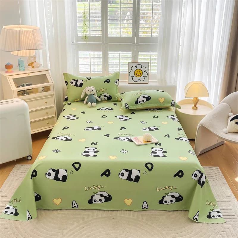 Nice cartoon Panda Flat sheet Kawaii Love Heart Set sheet for the decor of the room of boys and girls, Double bed in cotton with 2 pillowcases