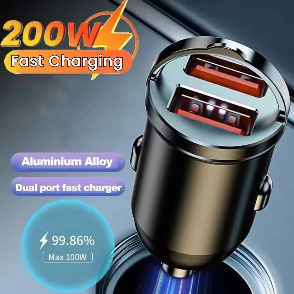 Adattatore per caricabatteria da auto per ricarica rapida con anello di trazione per caricabatteria da auto doppio USB da 200 W per caricabatteria da auto Xiaomi Samsung Mini