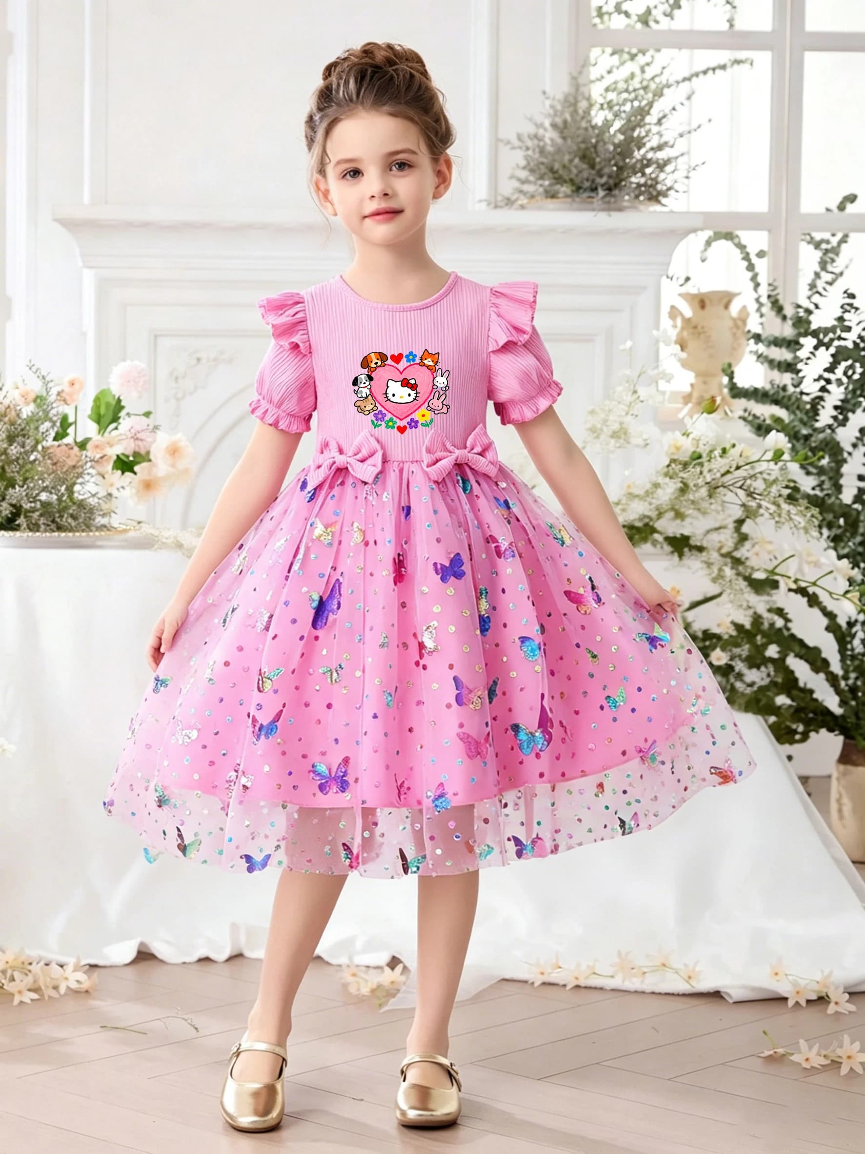 Bestselling Sanrio Kids Clothing, Pink Dreamy Tulle Skirt, Children's Puffy Skirt with Double Bow Waistband