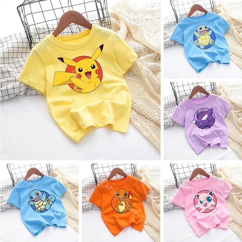 Different Colors Cartoon Cotton T Shirt Cute for Boys Girls Pokemons Pikachus Squirtles Summer Clothes Tops Anime Short Sleeve