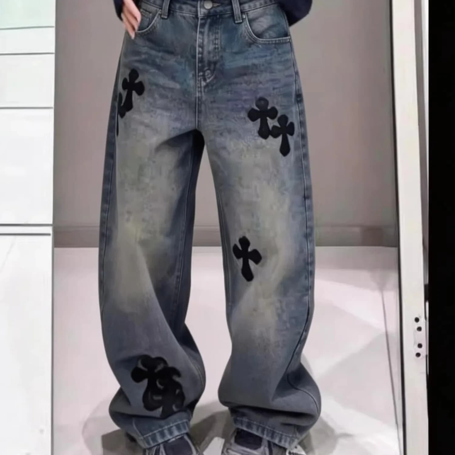Summer Large Size Men's Fashionable Denim Jeans Cross Stitched Patchwork Straight Leg Wide Leg Pants Comfortable Polyester Fiber