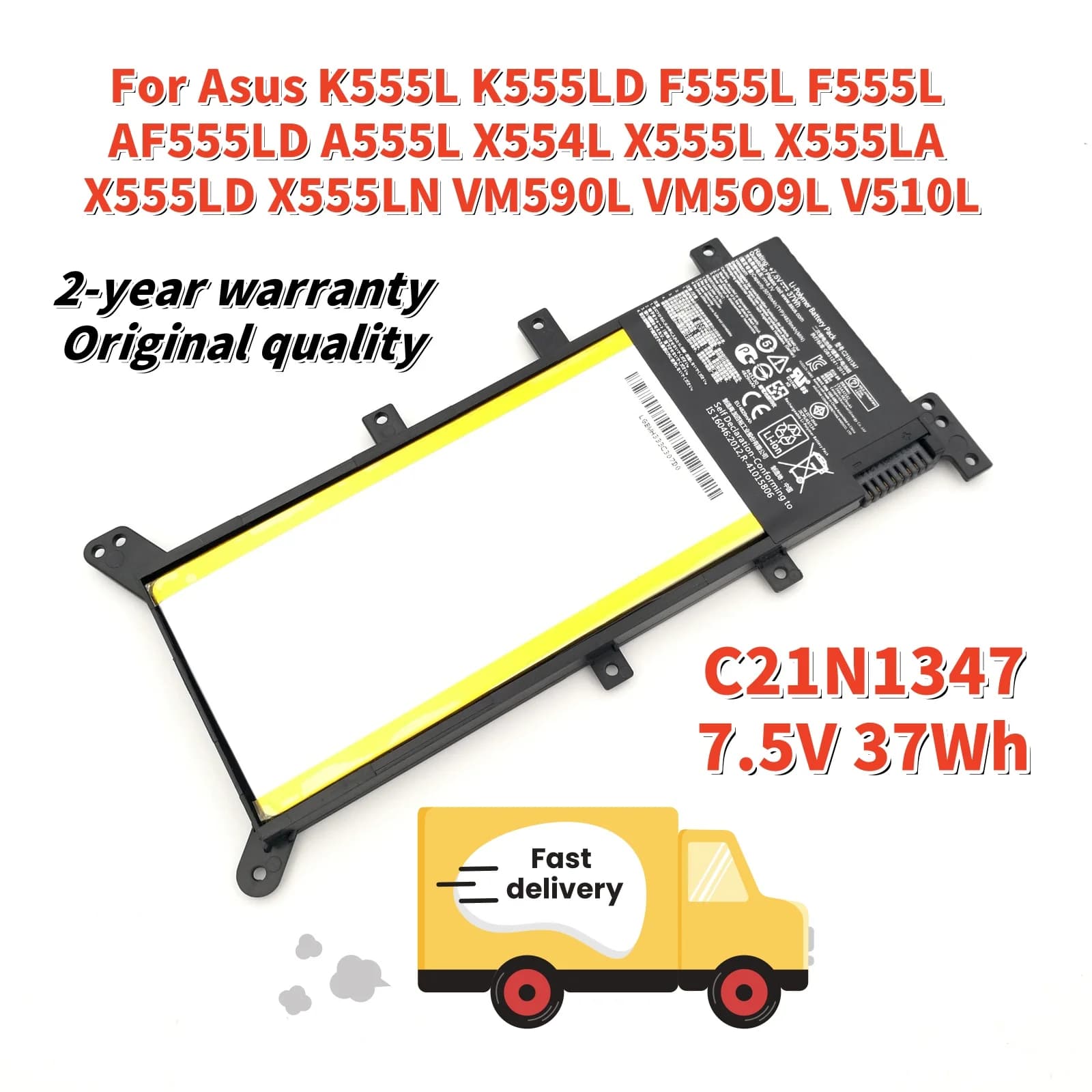 Batteria per Laptop C21N1347 per Asus K555L F555L AF555LD A555L X554L X555L X555LA X555LD X555LN VM590L VM5O9L V510L 2ICP4/63/134