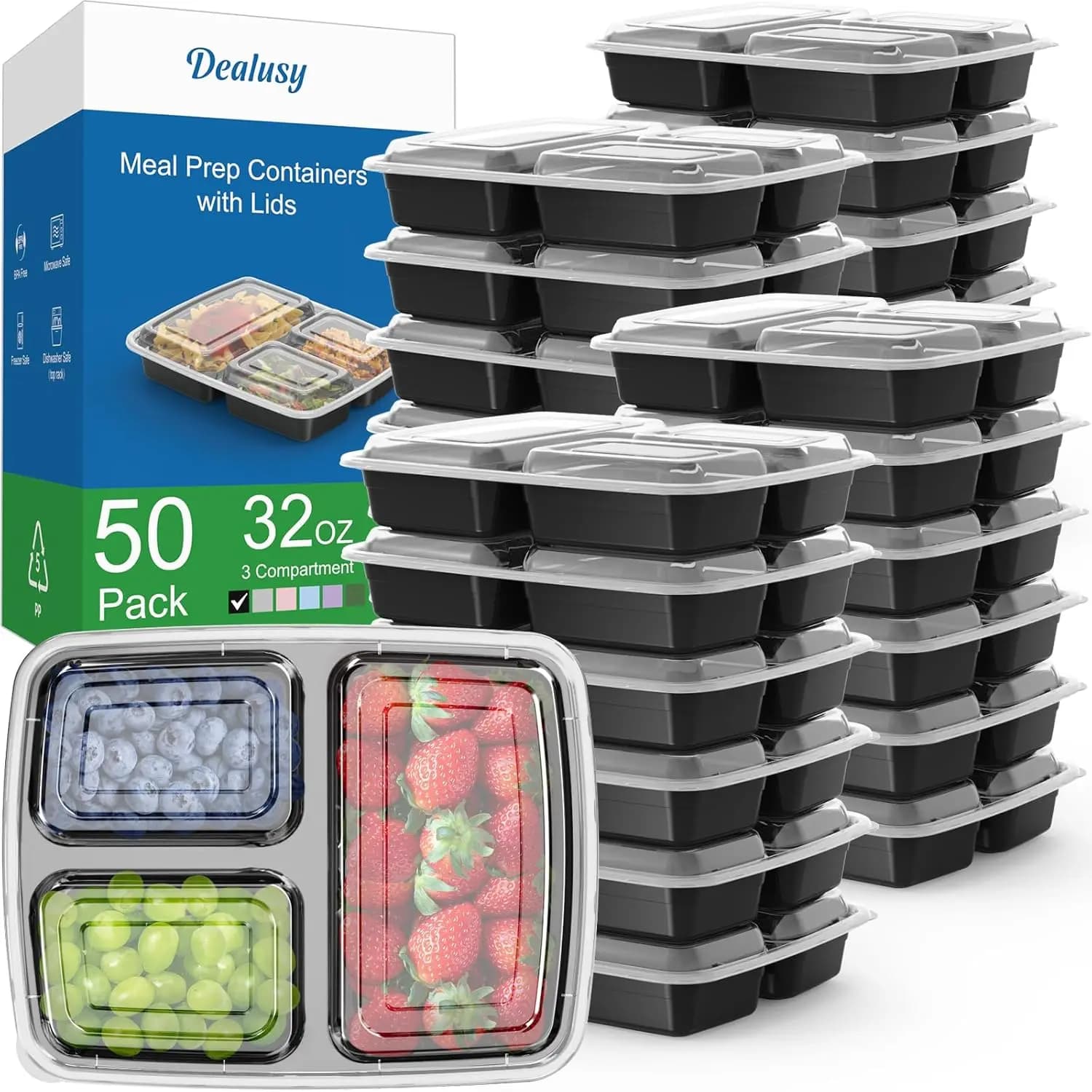 Confezione da 50 Contenitori Riutilizzabili per Preparazione Pasti con Coperchi, 3 Scomparti Ermetici, Adatti per Microonde e Lavastoviglie