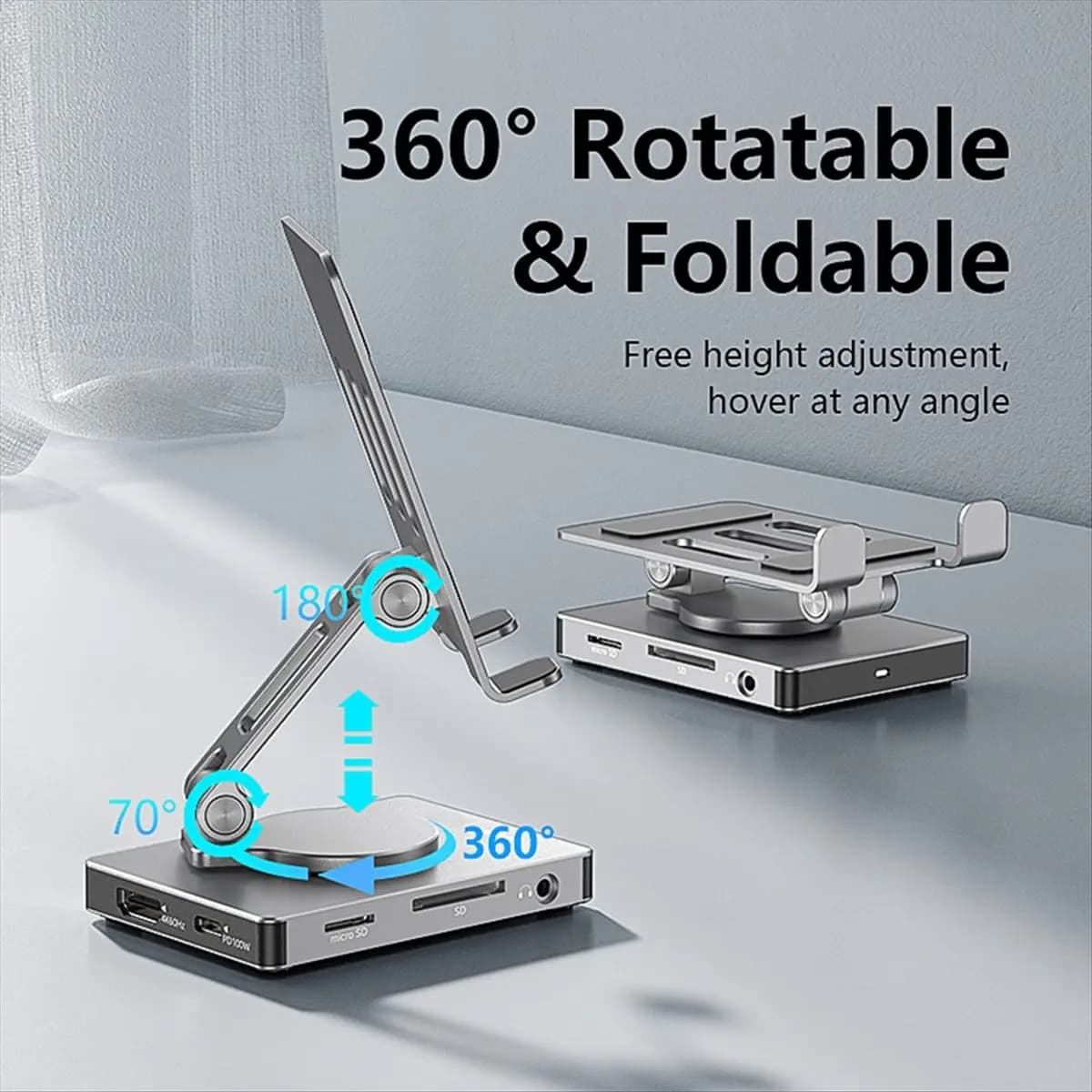 Docking station pieghevole USB C 8 in 1 con 360 ° Rotazione 5 Gbps, lettore SD TF, supporto hub telefonico PD 100 W per iPhone/Switch
