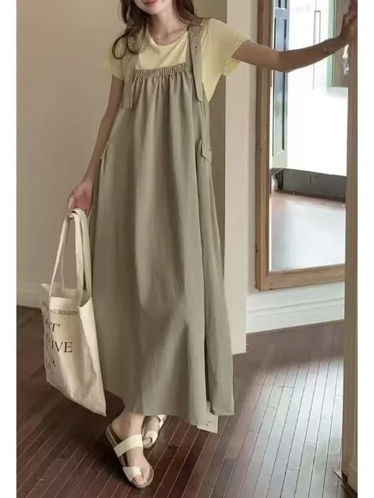 Abito Salopette Casual in Denim Estivo 2026 da Donna, Vestito Lungo con Bretelle Larghe, Design Pieghevole, Stile Workwear, in Misto Cotone