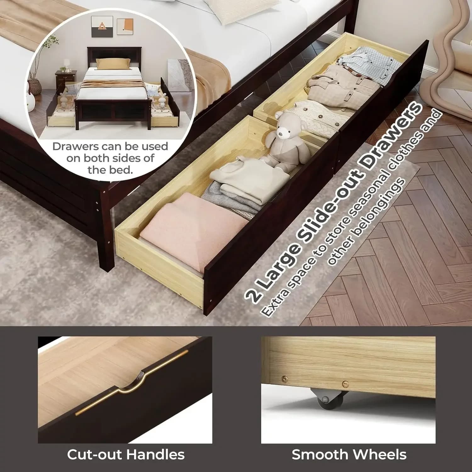 Wood Twin Bed with 2 Storage Drawers, Solid Wood Platform Bed with Headboard, Wooden Slats Support Mattress Foundation, No Sprin