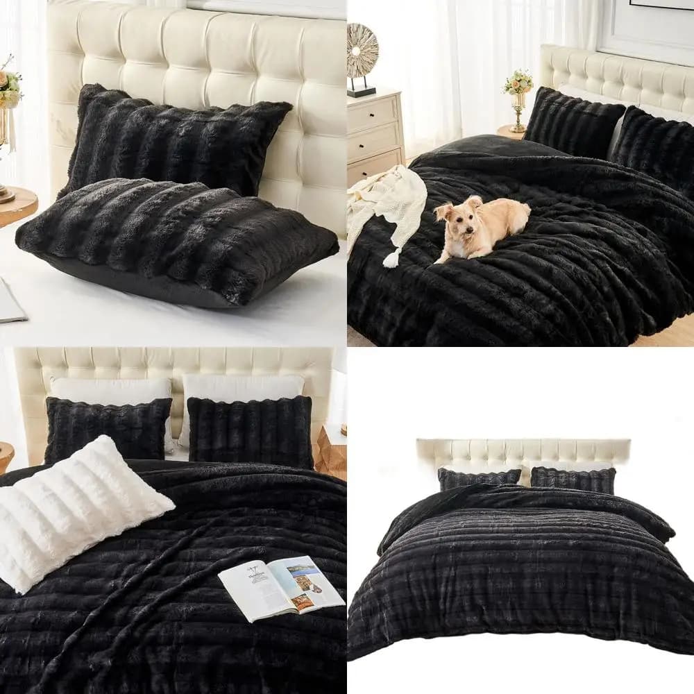 Luxury black striped synthetic rabbit fur headdress set with 2 pillow cases - Ultra soft plush bed linen