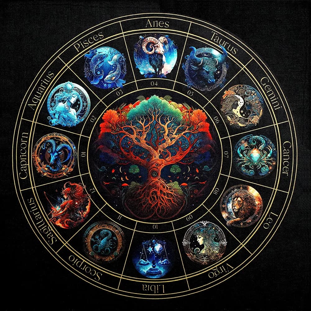 50/75cm Tablecloth Tarot Altar Cloth with Zodiac Signs and Tree of Life Celestial Tarot Deck for Tarot and Oracle Card Readings