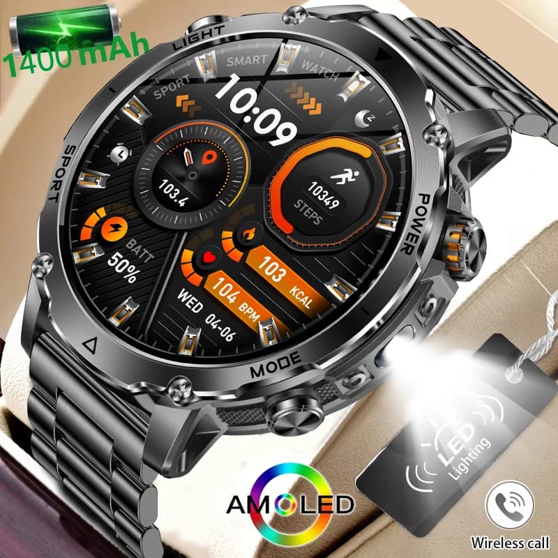 Nuovo Smartwatch Militare 2026 con Batteria Ultra da 1400mAh, Impermeabile 10ATM, Cardiofrequenzimetro, Torcia LED Tattica, Braccialetto Sportivo da Uomo
