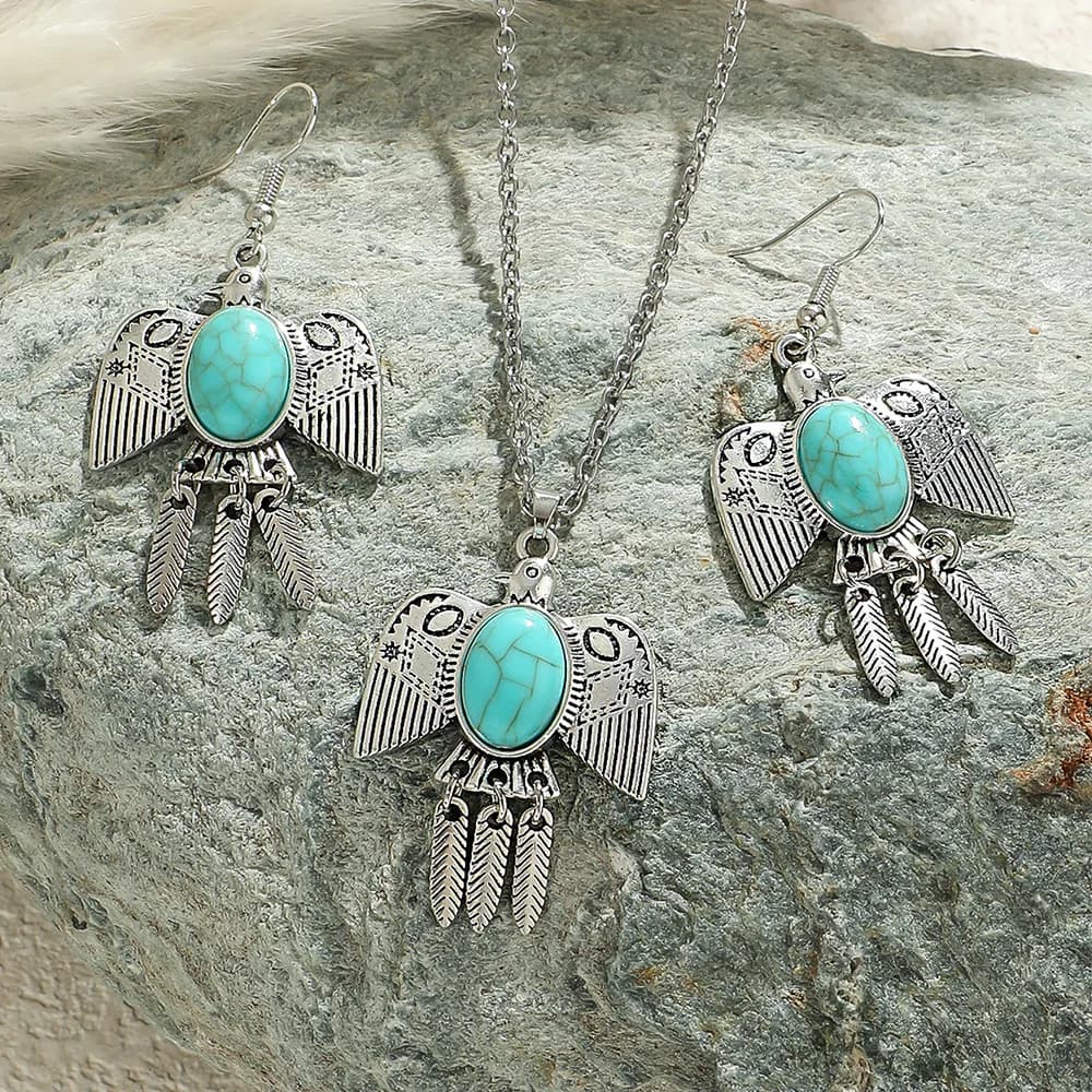 Set di gioielli in stile etnico Boho in argento antico con uccelli carini turchese Orecchini pendenti creativi per bomboniere da donna da indossare ogni giorno