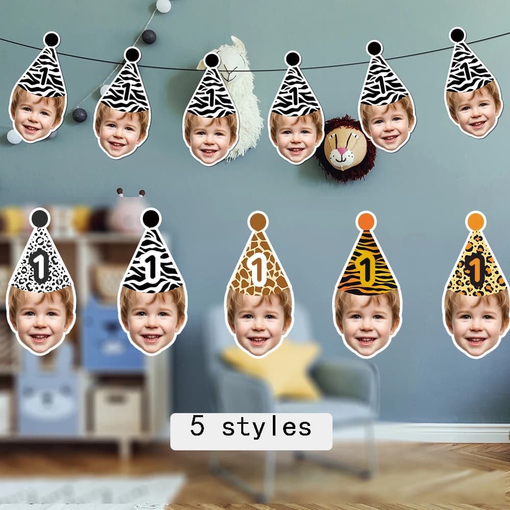 Personalizza striscioni con motivi animali, stili personalizzati di cappelli di compleanno per foto/età, decorazioni per feste di compleanno a tema 1° animale