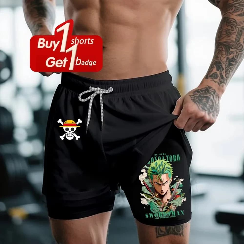 Pantaloncini da uomo interi Anime Zoro Estate Doppio strato 2 in 1 Compressione Pantaloncini da palestra ad asciugatura rapida Pantaloni da spiaggia Costume da bagno da uomo Spiaggia