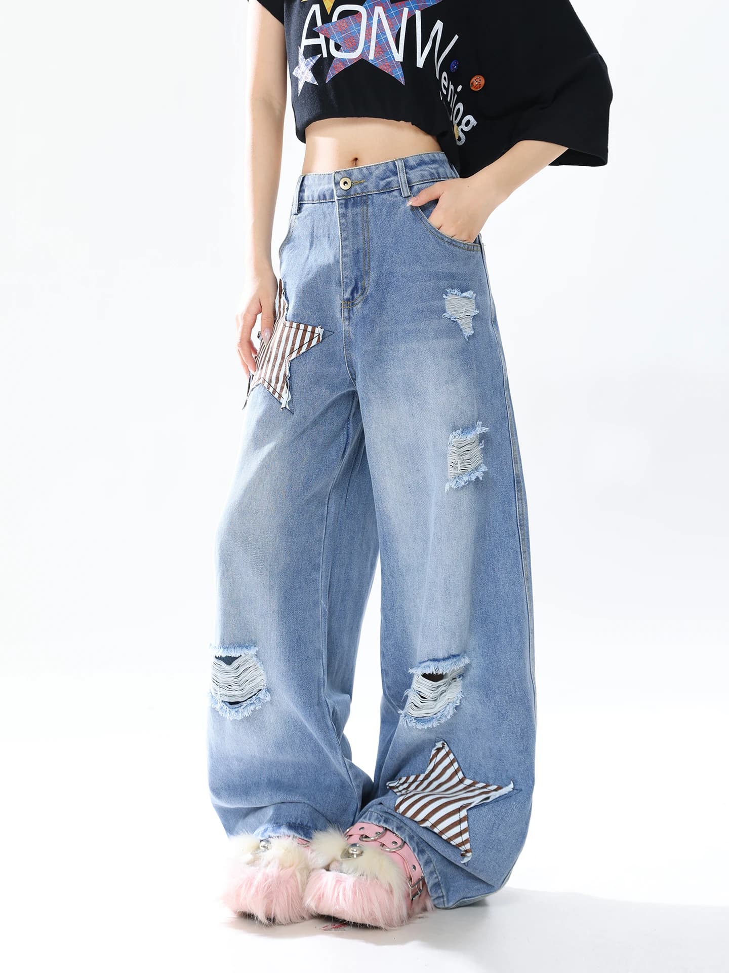 AONW Jeans Vintage Estivi da Donna Stile Americano Cool con Vita Alta e Gamba Larga, Design Patchwork Effetto Usurato