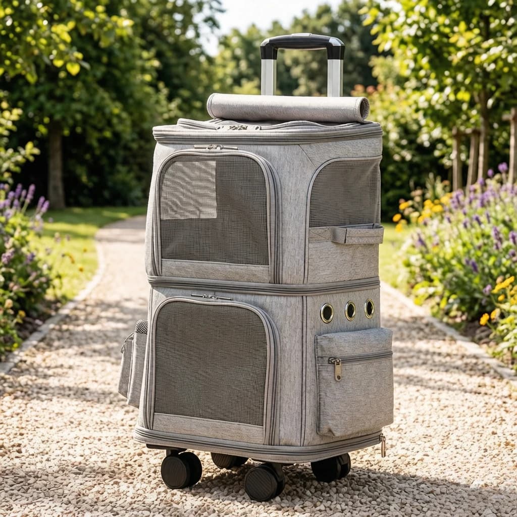 Foldable Double Layer Pet Carrier, Large Rolling Cat Suitcase for Two Pets Travel, Breathable Multi-Window Scratch Proof Durable