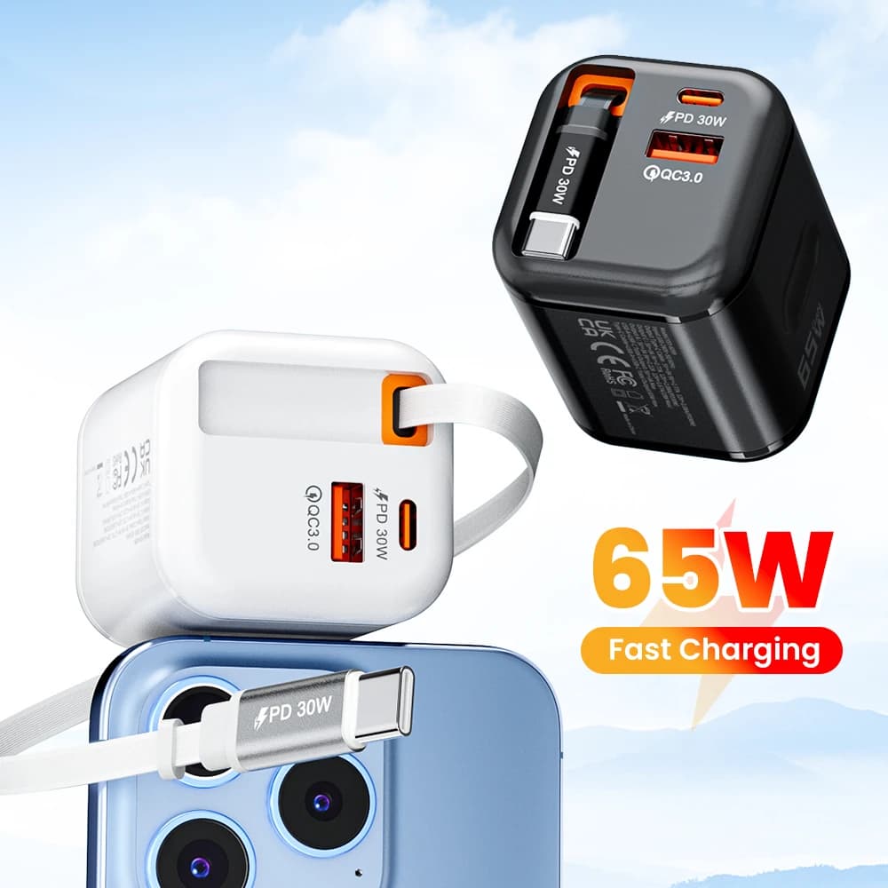 Caricabatterie Rapido GaN da 65W con Doppia Porta e Cavo Retrattile, Adattatore da Viaggio USB C con Spina EU/US/UK per iPhone 15 16 17