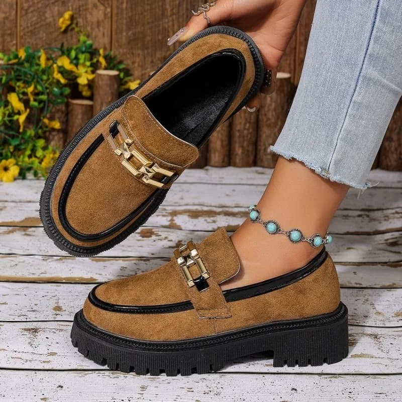 Women's Slip on Loafers Suede Look Chunky Lug Sole Round Toe Metal Chain Detail Casual Preppy Style Everyday Walking Basic Shoes