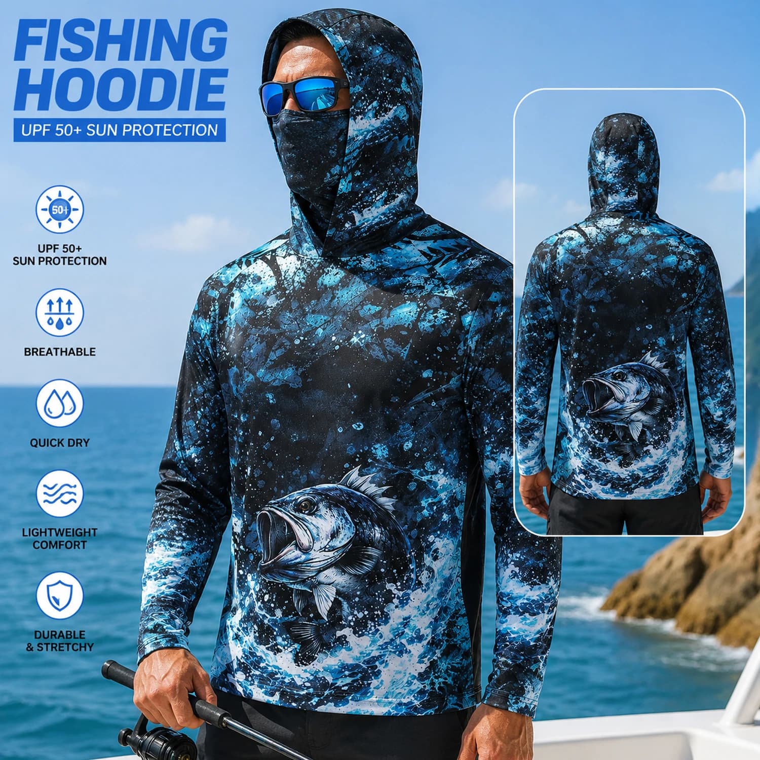 Men's Hooded Performance Fishing Shirt Long Sleeve Quick Dry UV Protection Outdoor Clothing for Men