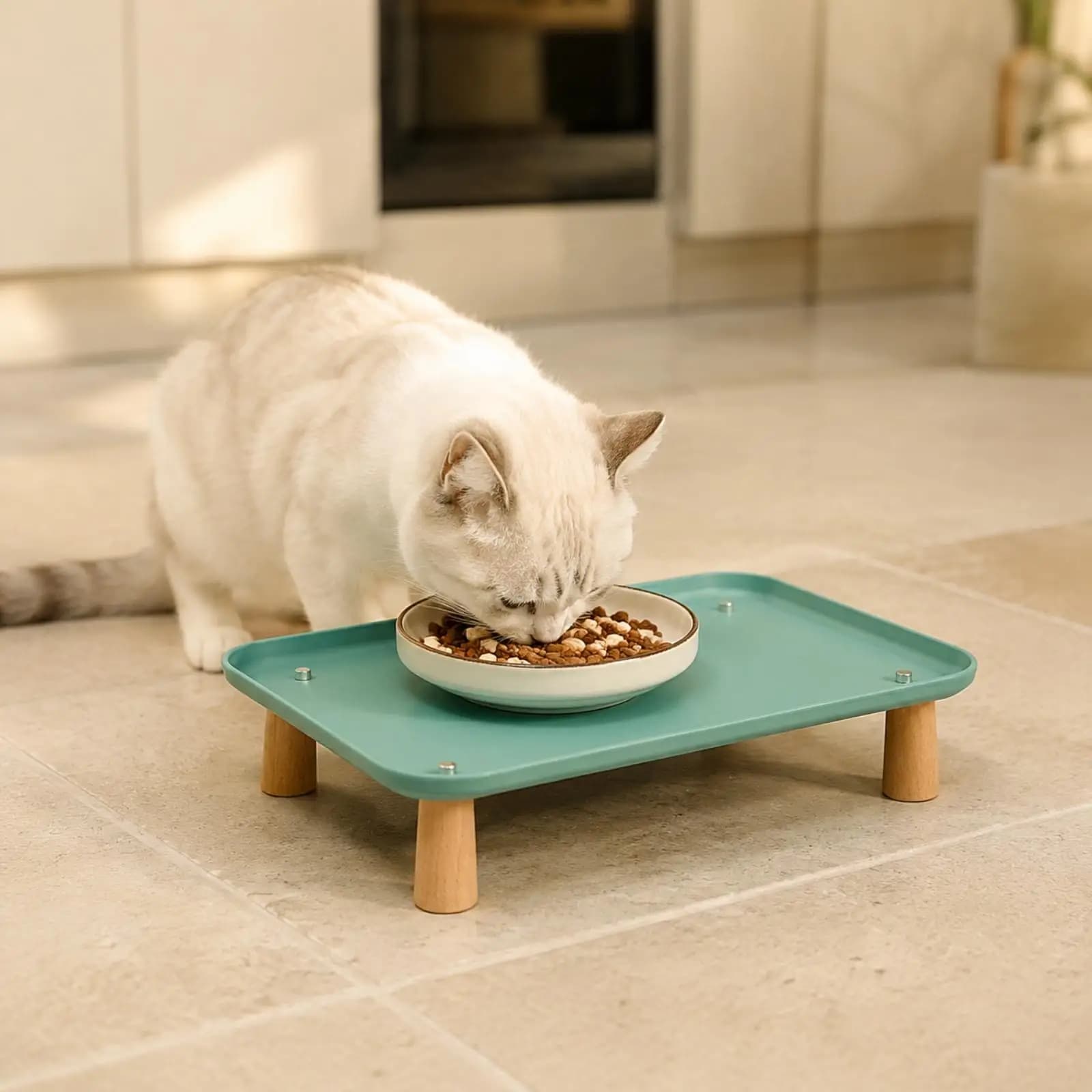 Pet Food Container Industrial Bowl Elevated Raised Tray for Dogs Cats Wood Stand Spill Catch Feeder Home