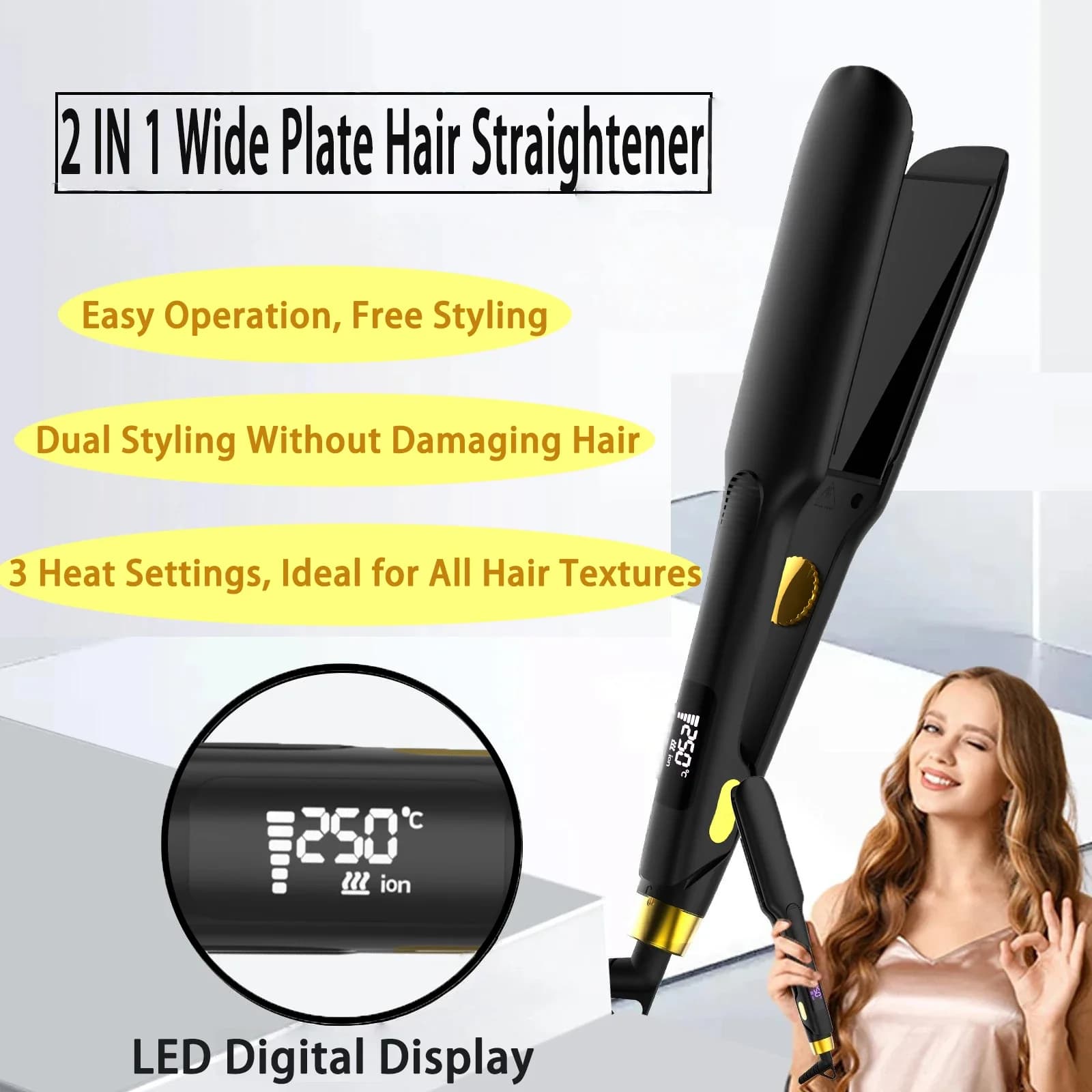 Piastra per capelli 2 in 1, stirante e arricciacapelli, piastra larga ad alta temperatura, schermo LED, 3 livelli di temperatura regolabili, design anti-scottatura per la cura dei capelli