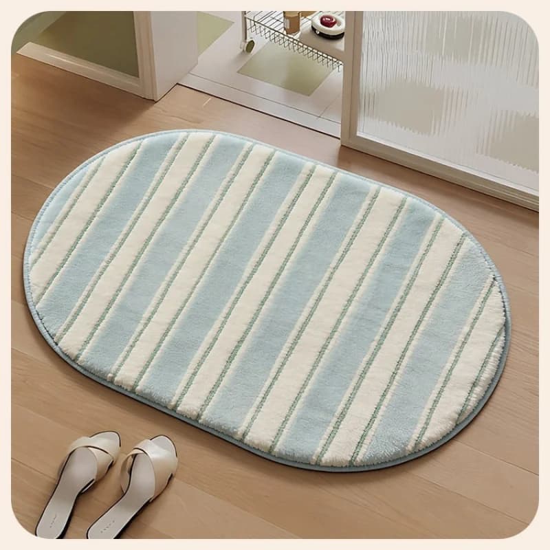 Tappetino da Bagno Ovale a Righe Stile Crema VIKAMA, Morbido, Assorbente, Antiscivolo, Azzurro, per Decorazione Casa