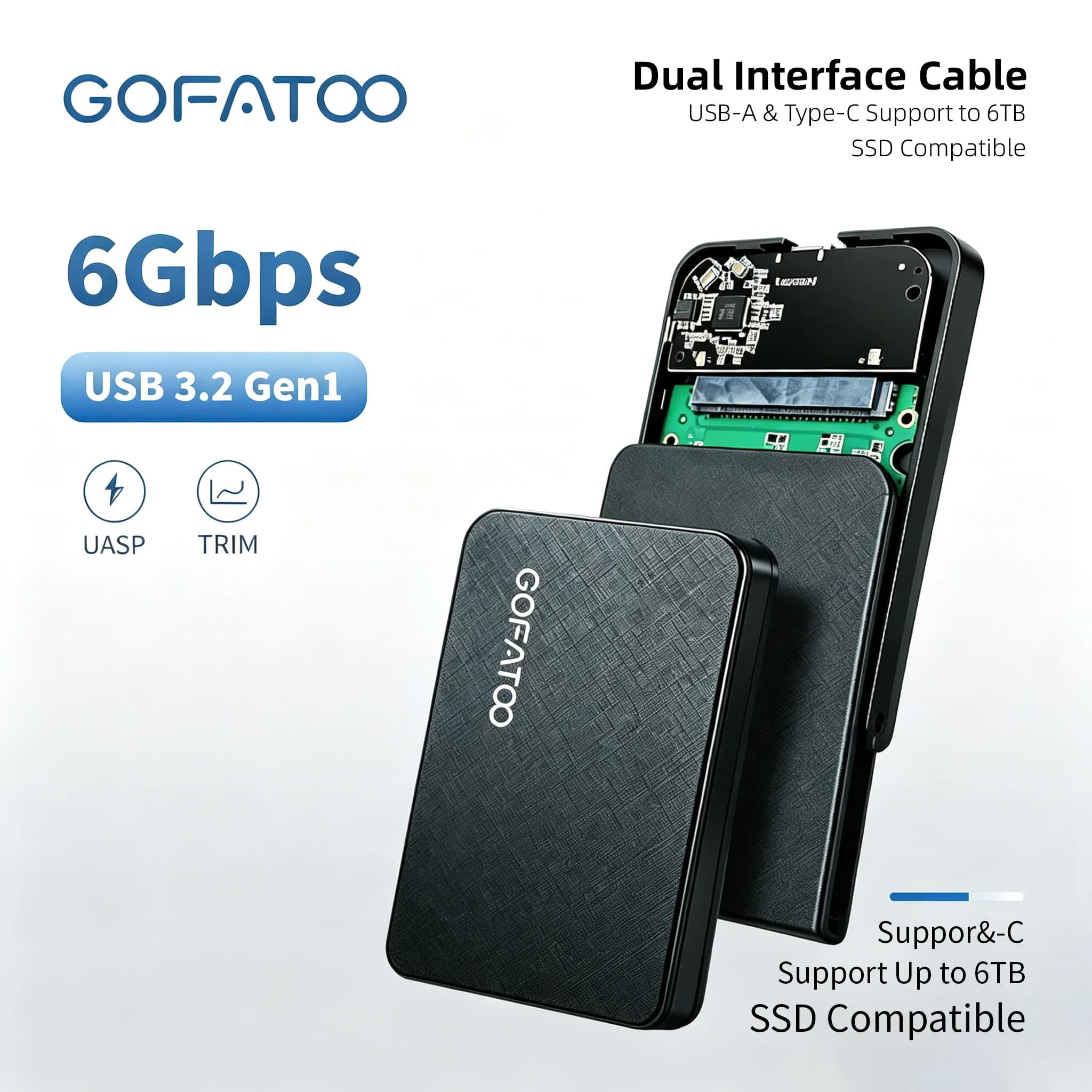 GOFATOO 2.5'' SATA USB3.0 External SSD HDD Enclosure, with Dual USB-A & Type-C Cable, Support 6TB