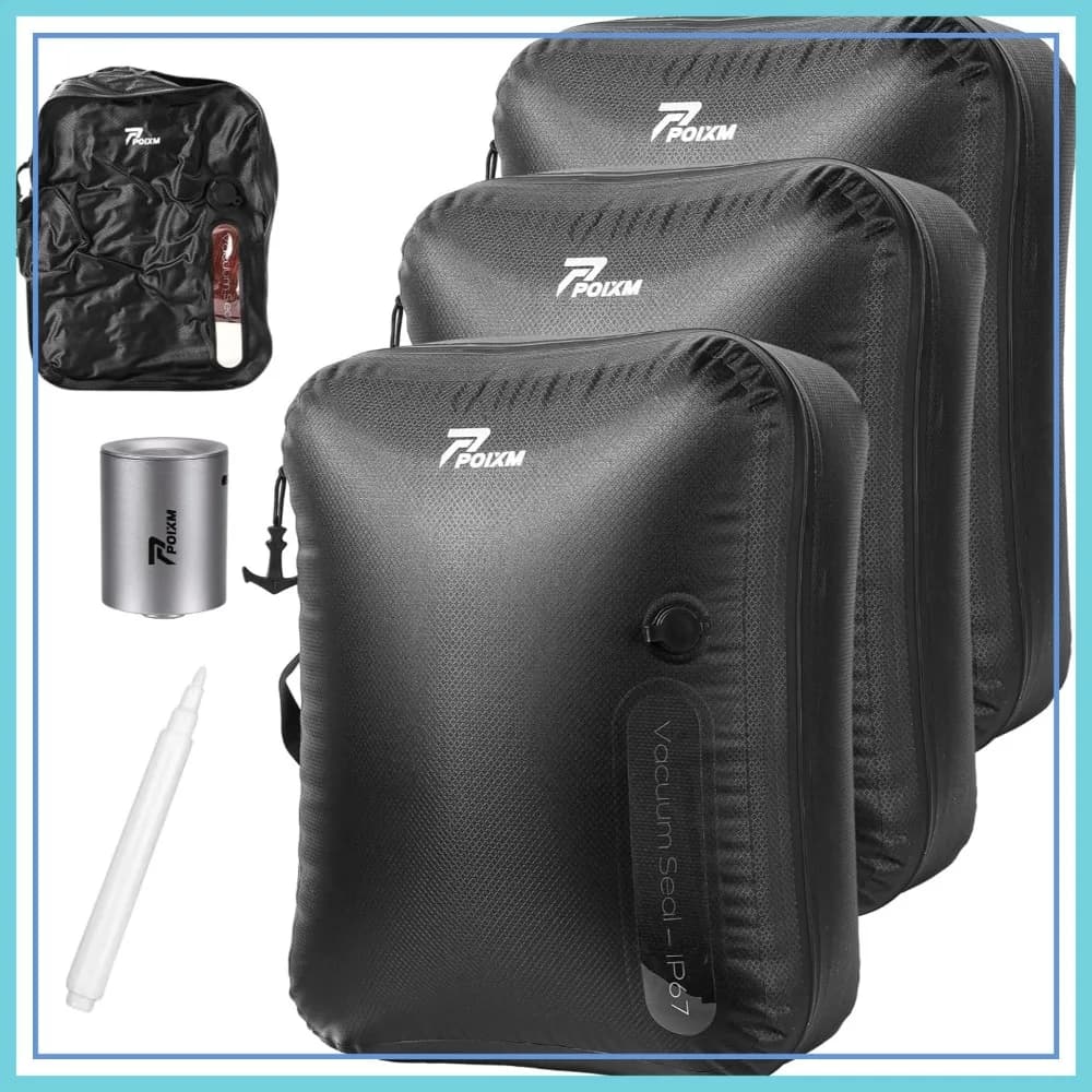Sacchetti sottovuoto da viaggio con pompa, 180 ° Sacchetti di Compressione Riutilizzabili con Chiusura a Zip, Impermeabili IP67, per Valigie e Zaini, Confezione da 3