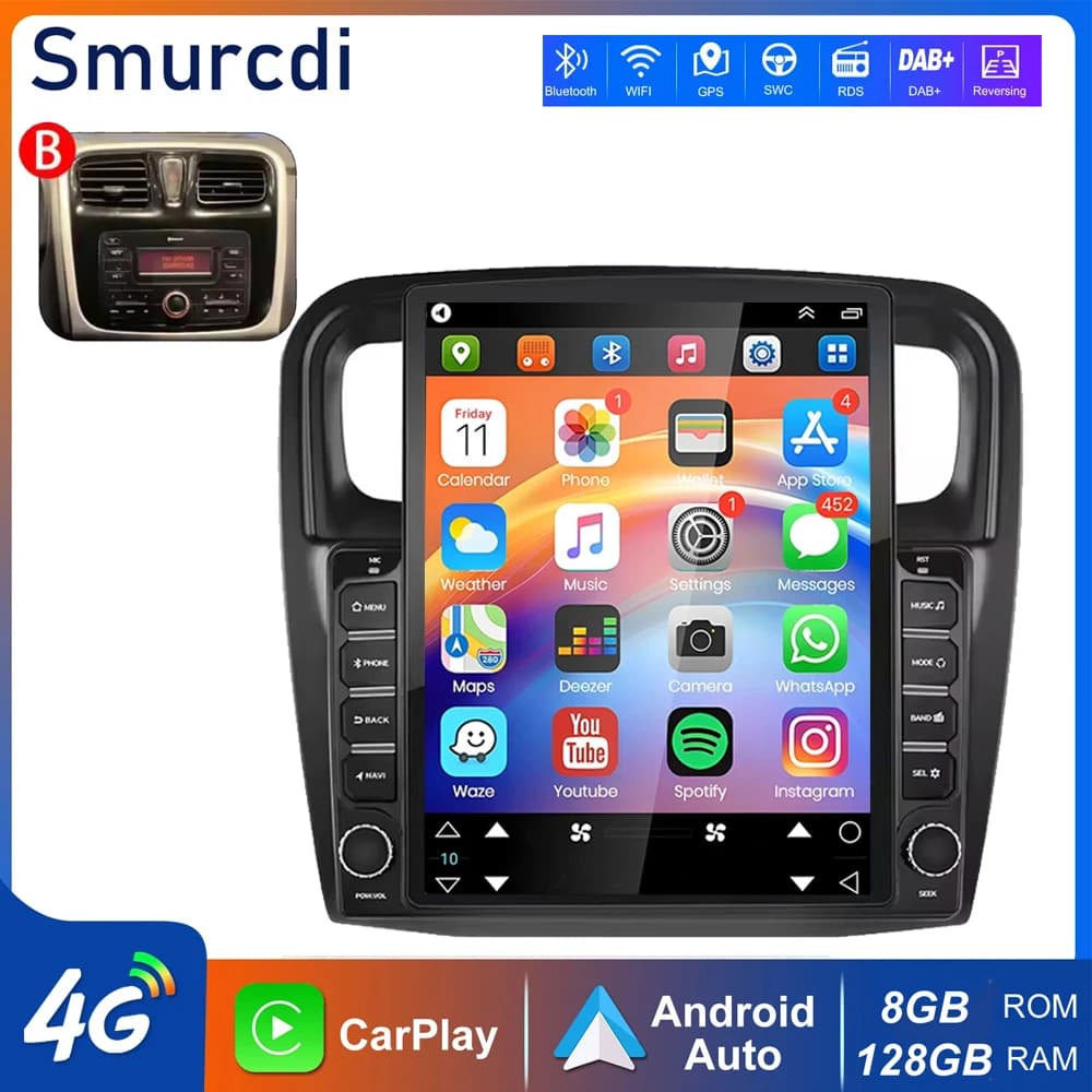 Autoradio Android 16 da 9.7'' con Carplay per Renault Logan 2 Sandero 2 2014-2019, Lettore Multimediale Stereo GPS WIFI