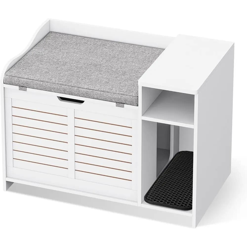 Lettiera per Gatti Grande e Nascosta con Apertura Superiore, Design a Tavolino in Legno, Ripiano Contenitore, Cuscino e Tappetino per Facile Pulizia