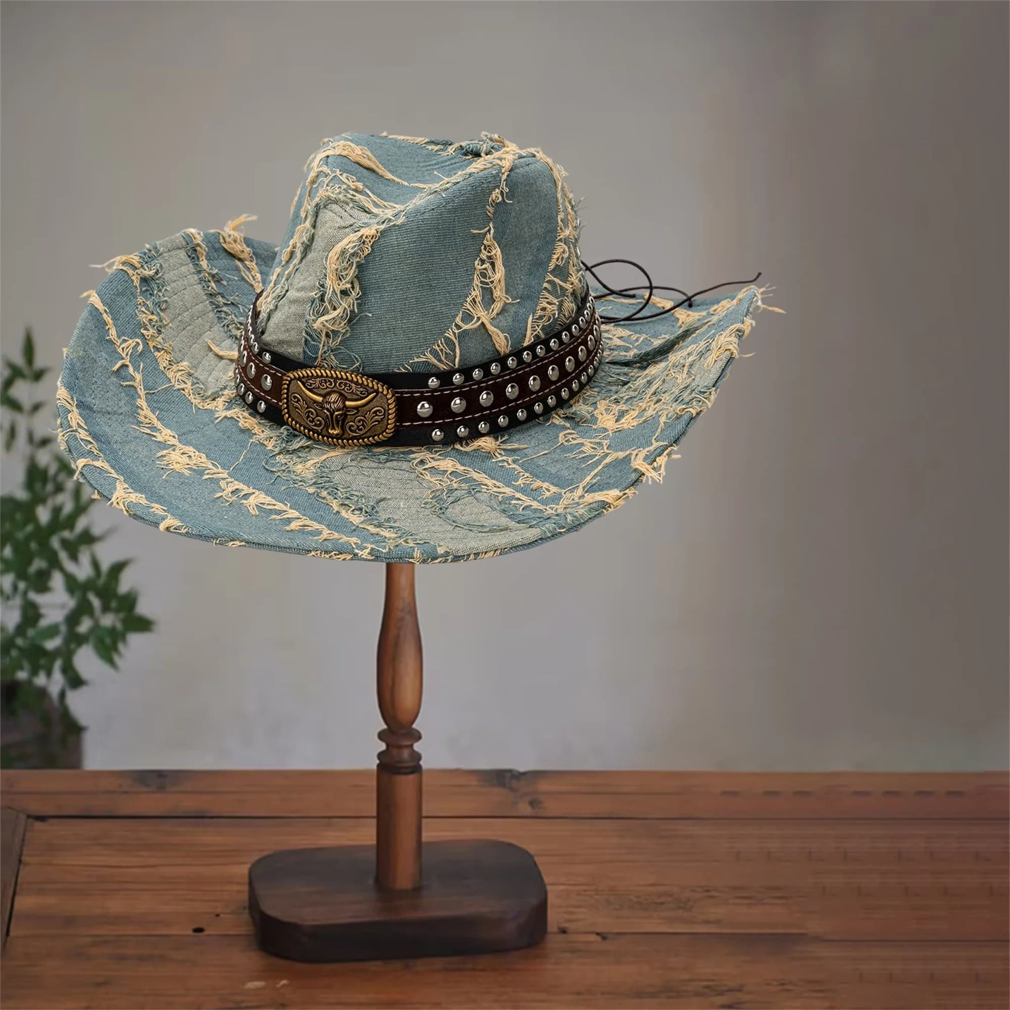Cappello da cowboy in denim stile vintage con cintura con testa di toro e tesa larga invecchiata - Berretto occidentale perfetto per la festa di Mardi Gras