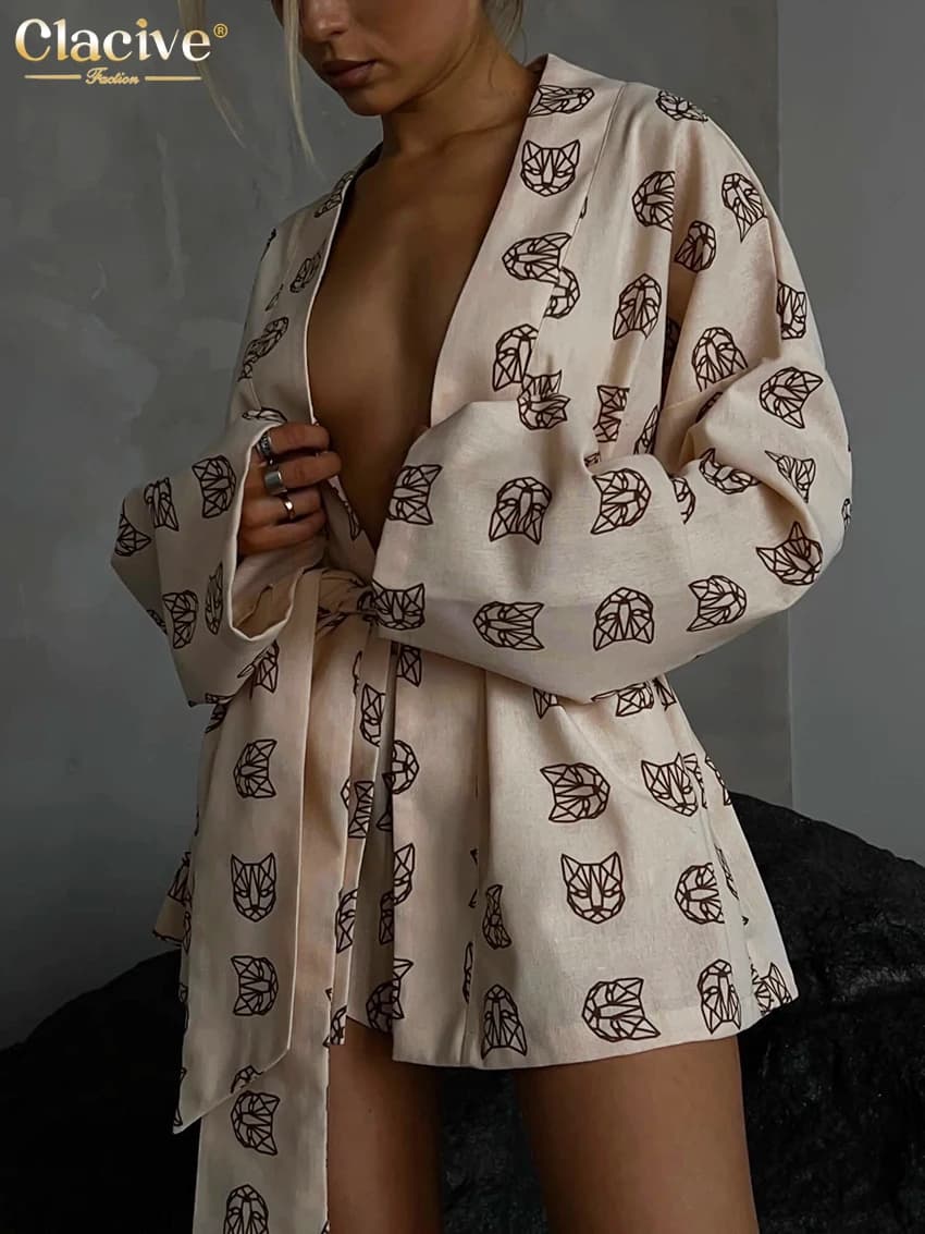 Clacive Fashion Loose Print Set da 2 pezzi completi da donna abiti Casual a maniche lunghe con lacci e pantaloncini a vita alta Set Homewear