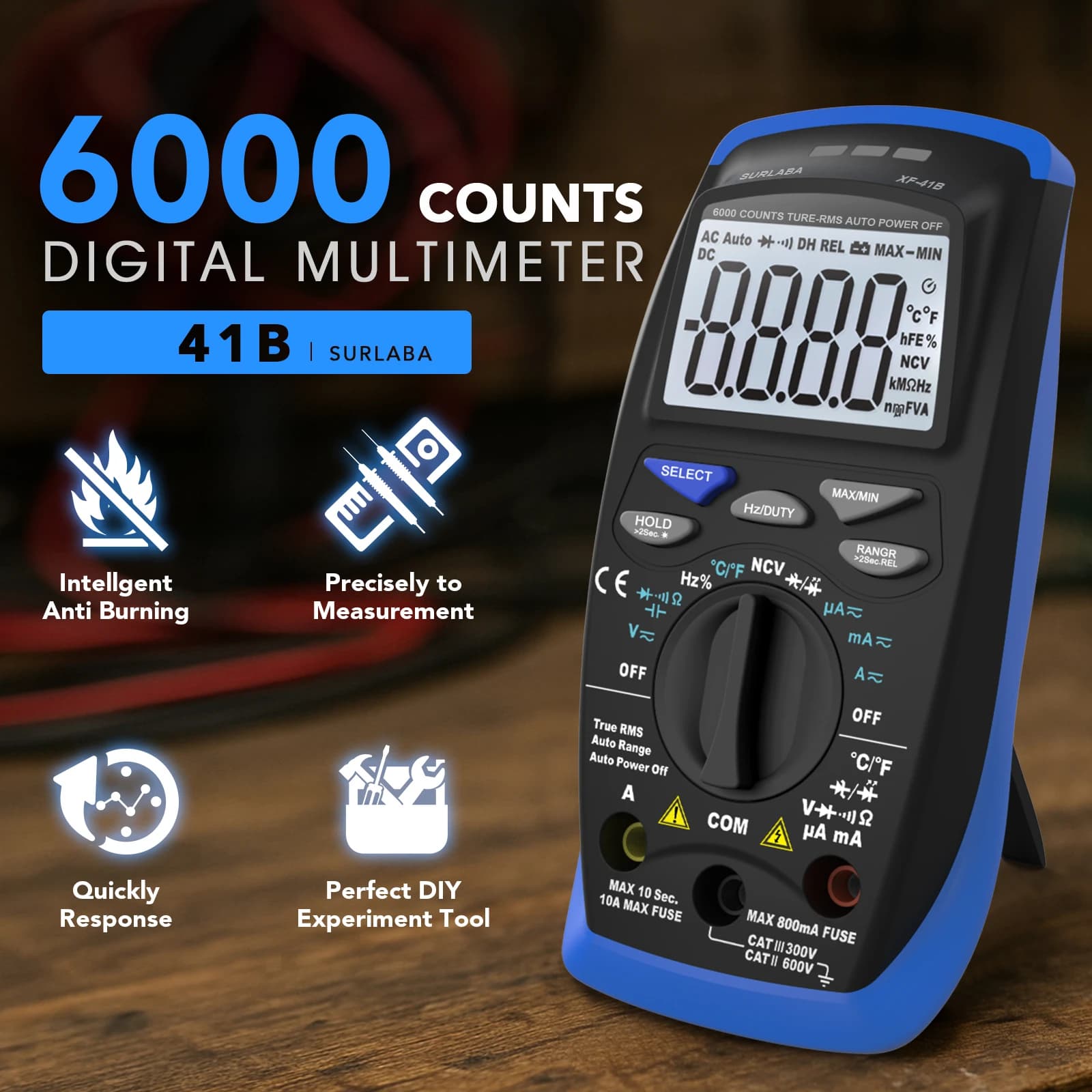 Digital HoldPeak 41-B Multimeter: Professional Use Manual and Safety for AC/DC Voltage Test, Current, Resistance and Detection Contactless Voltage (NCV)