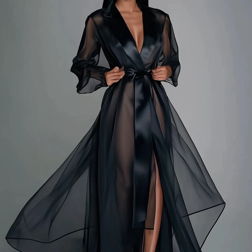 Women's long dress in transparent solid organza with long sleeves long dress autumn fashion dress with laces silk satin party dress