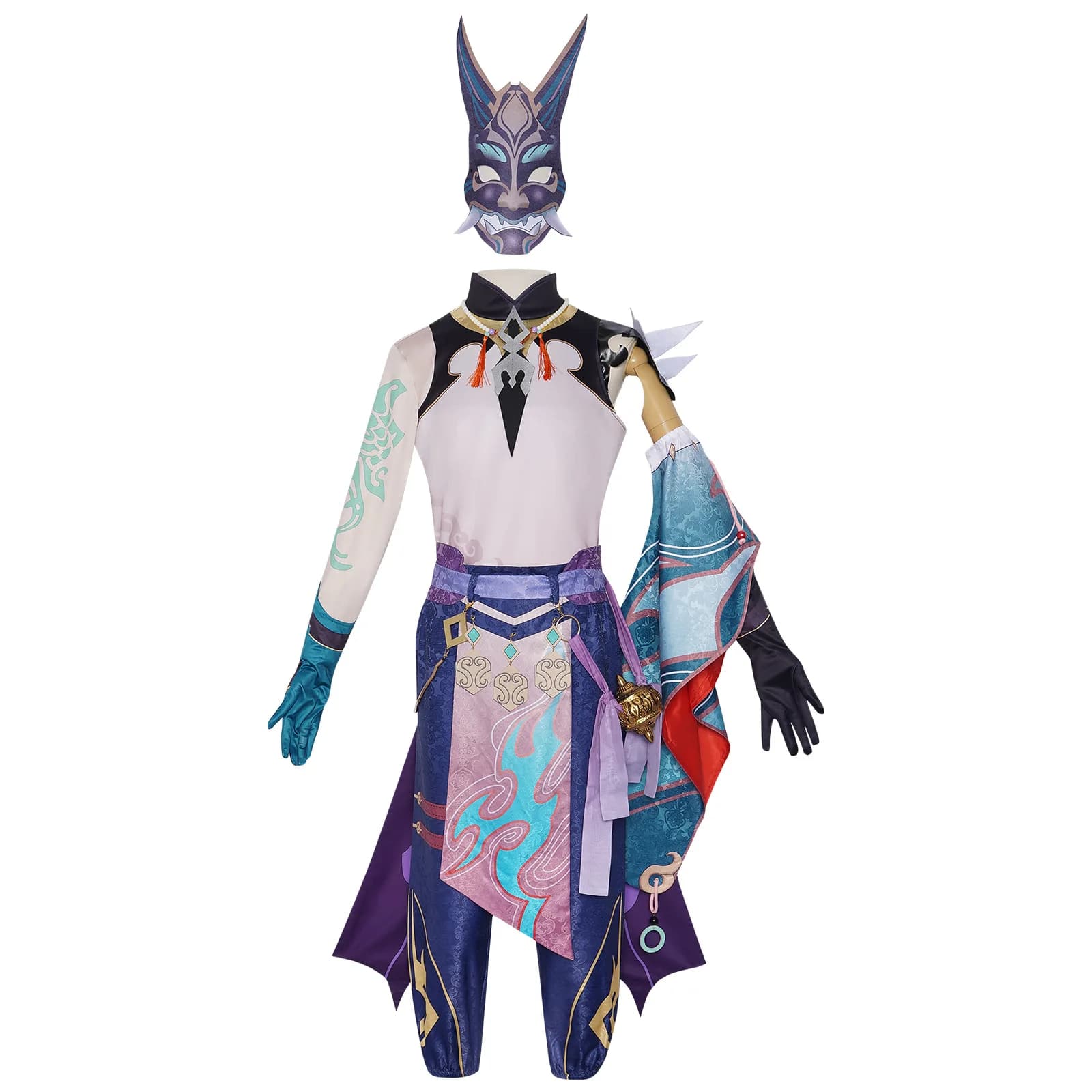 Costume Cosplay Xiao, Set Completo con Parrucca, Maschera e Adesivi Tatuaggio per Outfit di Halloween