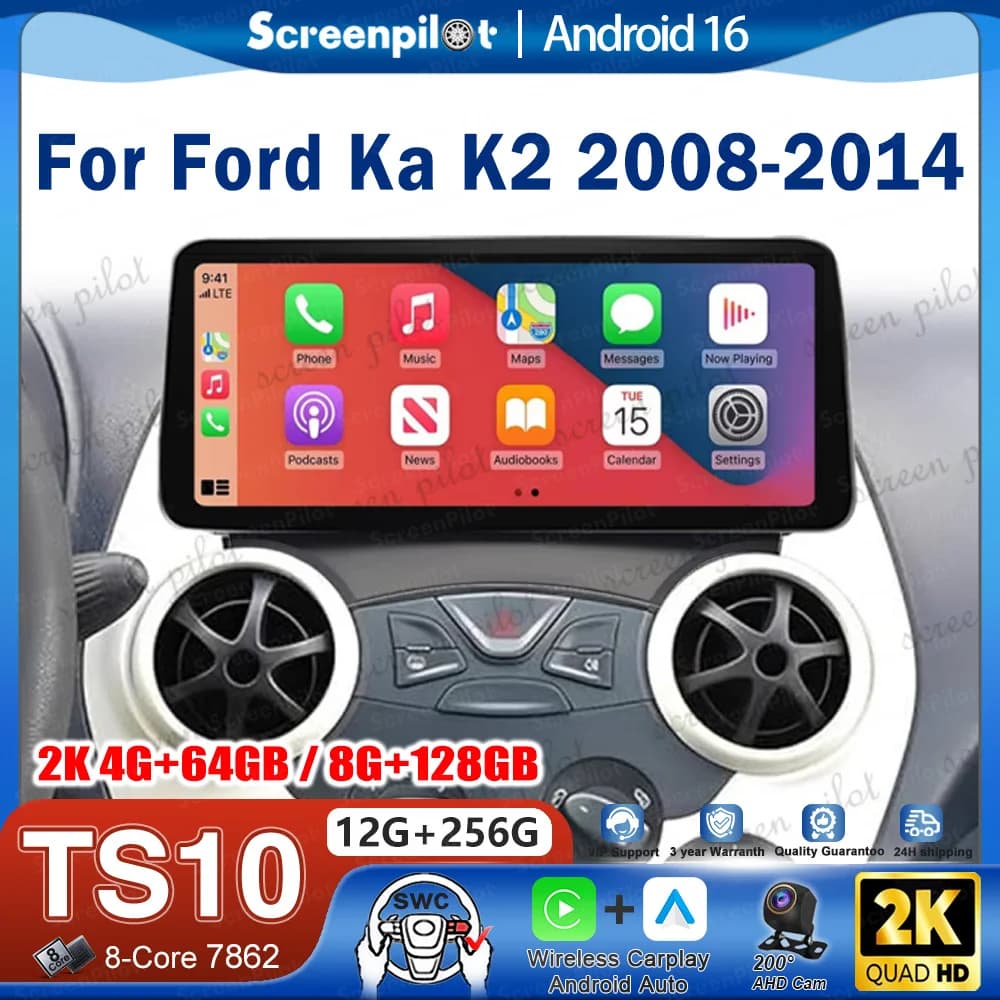 Android 16 For Ford Ka K2 2008-2014 Car Radio Stereo Head Unit CarPlay Auto radio Touch Screen GPS Navigation 4G wifi