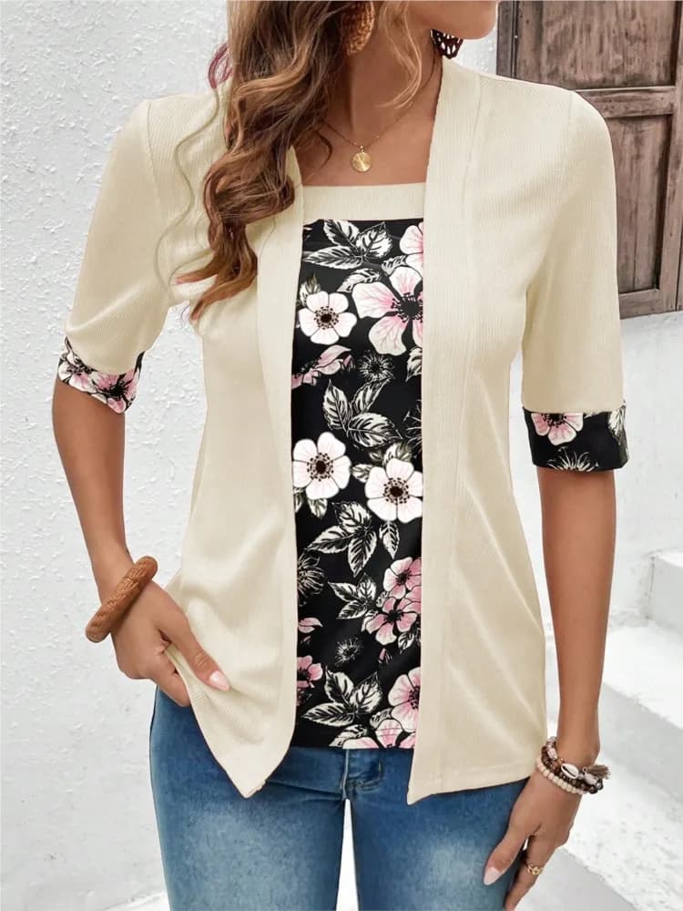 2025 T-shirt da donna finte in due pezzi Set elegante patchwork Camicie finte in due pezzi Estate Casual Stampa Mezza manica da donna Top larghi