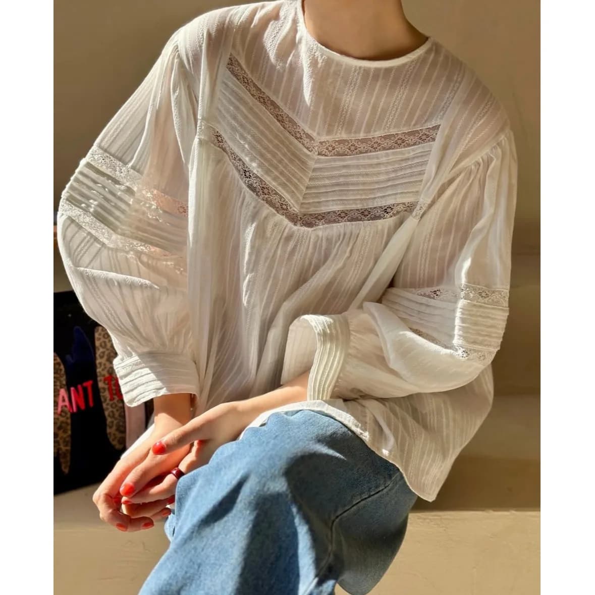 Spring New Style Hollow out Heavy Embroidery Lace Trim Shirt Women's round Neck Bubble Sleeve Top Korean Style Casual Wear