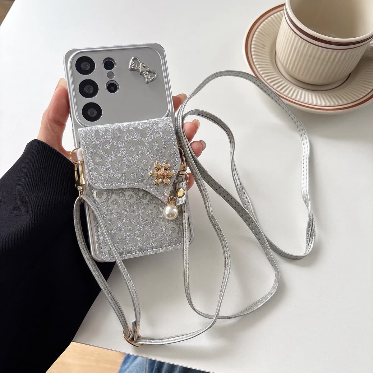 Silver Leopard Card Wallet Strap Phone Case For Samsung Galaxy A11 A31 A51 A71 4G A10 A20 A30 A50 A10S A20S A30S A21S A52S Cover
